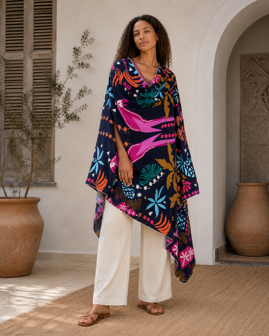 Printed Stretch Crepe Kimono Shawl Cape with Lurex Trim