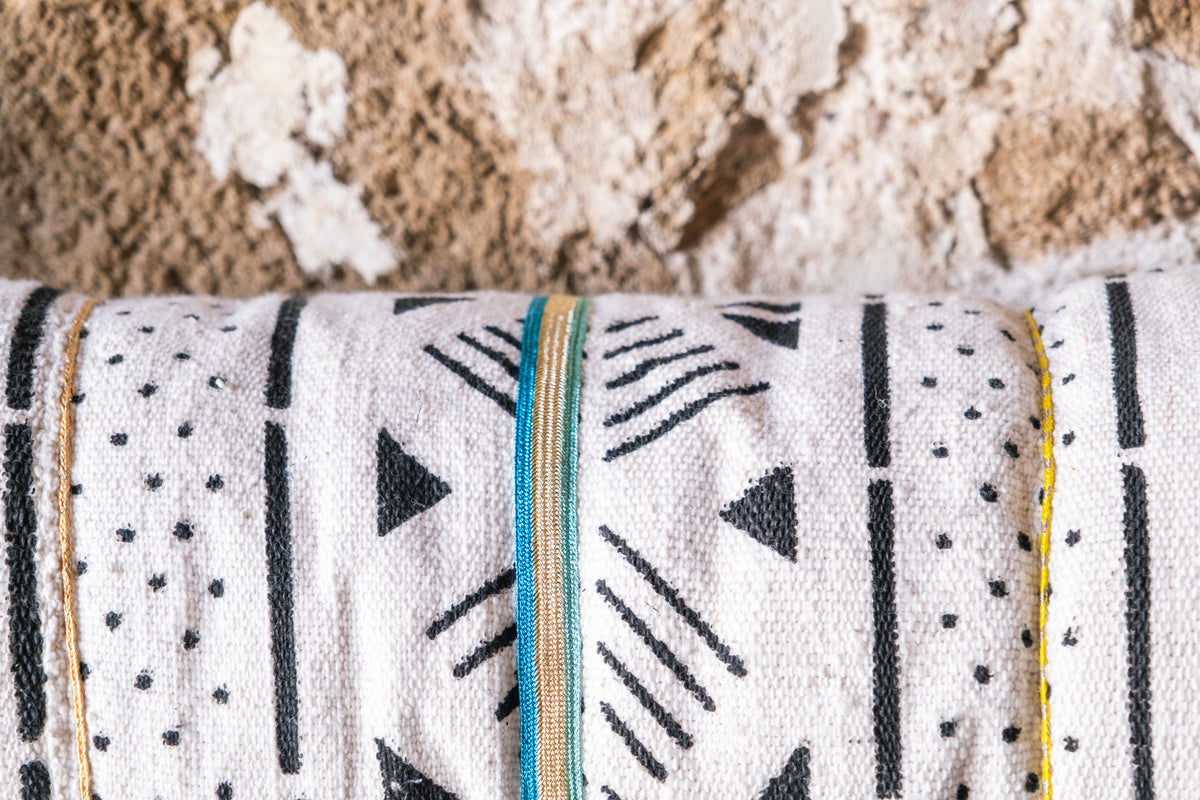 African Textile Decorative Roll Pillow with silk trim