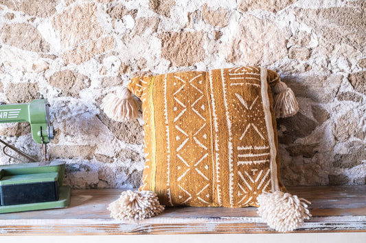 Handmade African Textile Pillow Cover with Handmade Tassels - Golden