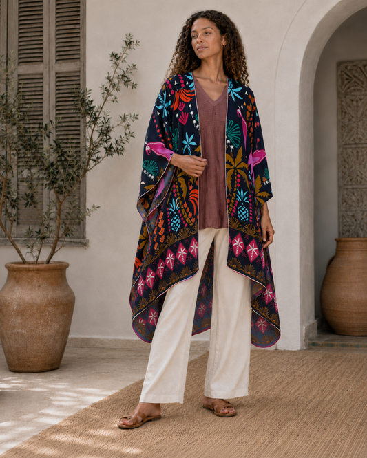 Printed Stretch Crepe Kimono Shawl Cape with Lurex Trim