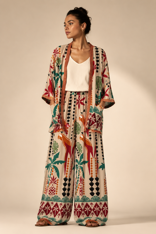 Lightweight Stretch Crepe Printed Robe & Lounge Pant Set