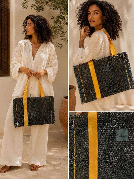 Sac à main en cuir véritable métallique perforé avec des lanières tressées en satin