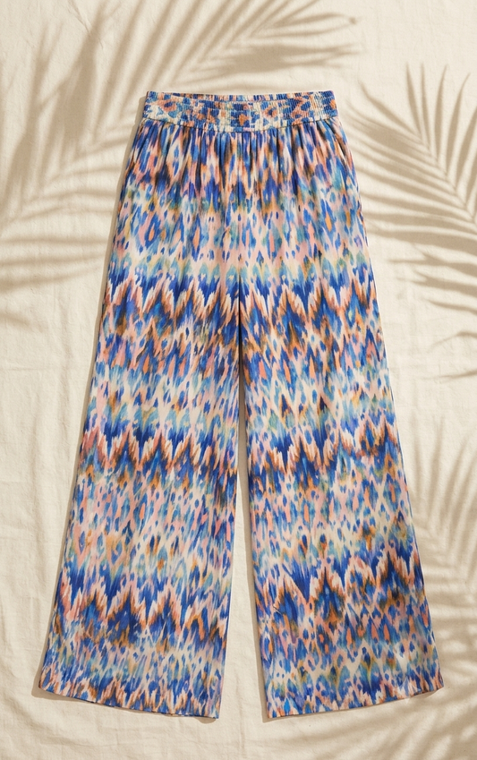 Pantalon fluide en coton imprimé avec galon lurex