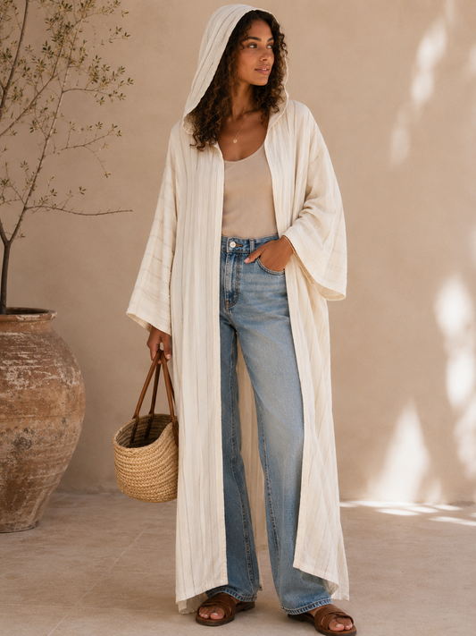 Longue Robe Kimono Jillaba en Jacquard de Satin Capuchonnée