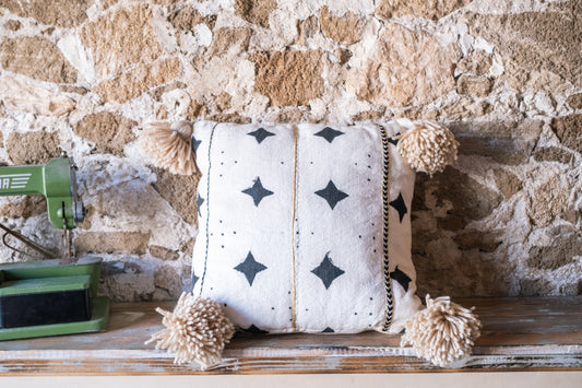 Black and White Handmade African Textile Throw Pillow with Handmade Tassels