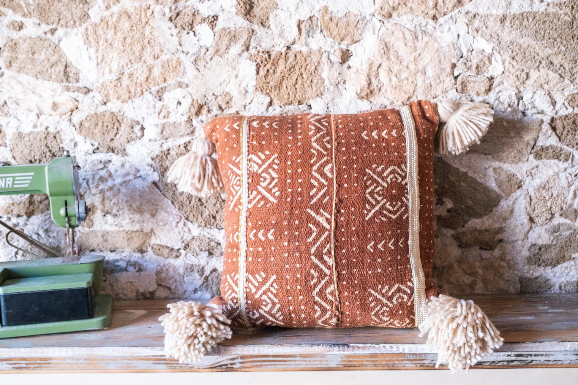 Handmade African Textile Pillow Cover with Handmade Tassels - Rust