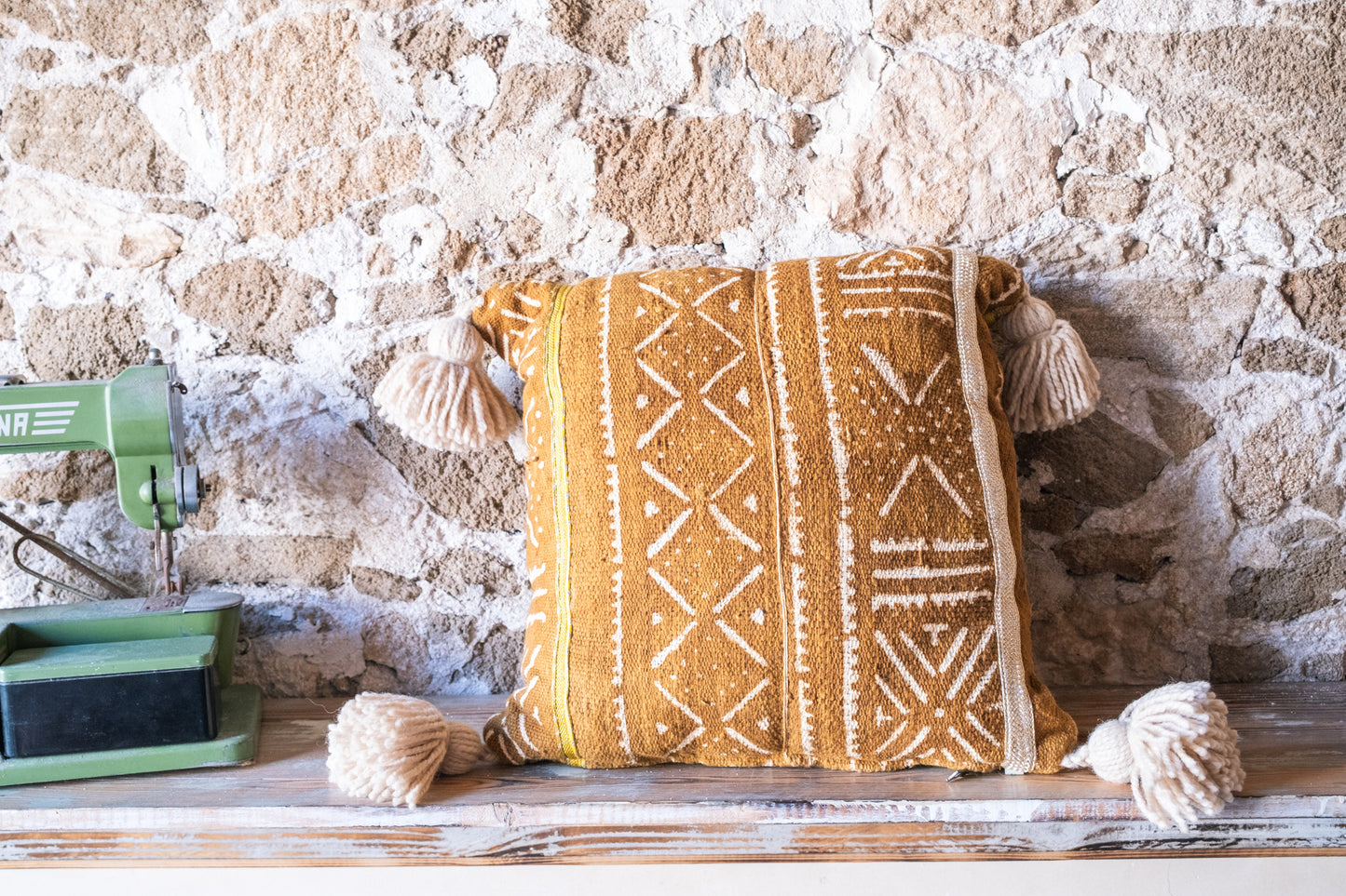 Handmade African Textile Pillow Cover with Handmade Tassels - Golden