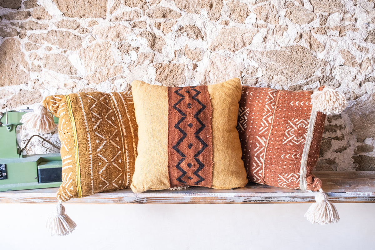 Set of 3 Pillows - Authentic African Textile Pillow covers with handmade tassels