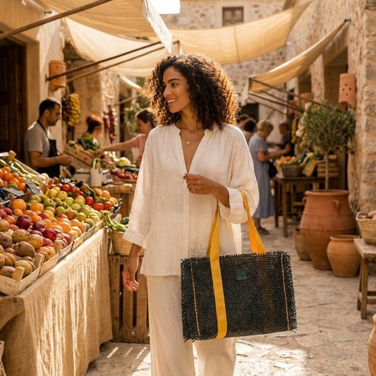 Sac à main en cuir véritable métallique perforé avec des lanières tressées en satin